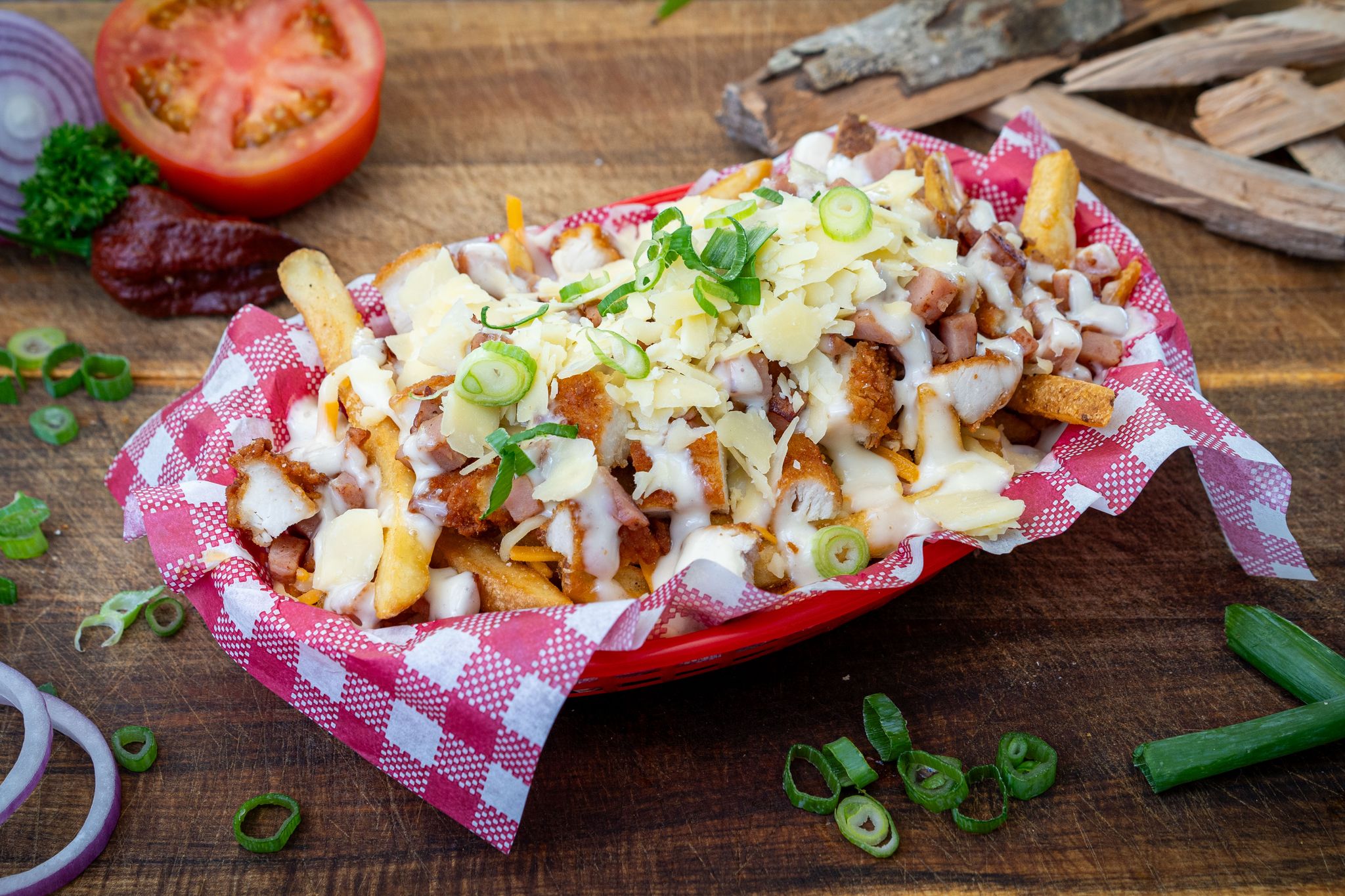 Cheesy Chicken, Bacon & Garlic Fries